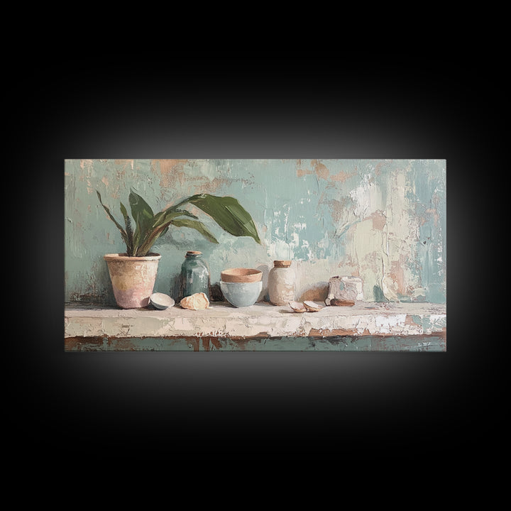 Potted Plant And Ceramic Bowl Canvas Print, Botanical Wall Art, Japandi Kitchen Decor, Neutral Home Decor For Living Room