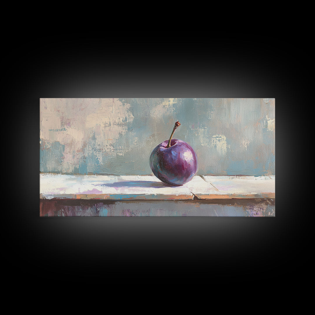 Single Purple Plum Still Life Canvas Print, Minimalist Kitchen Wall Art, Fruit Art Painting, Modern Rustic Home Decor Gift
