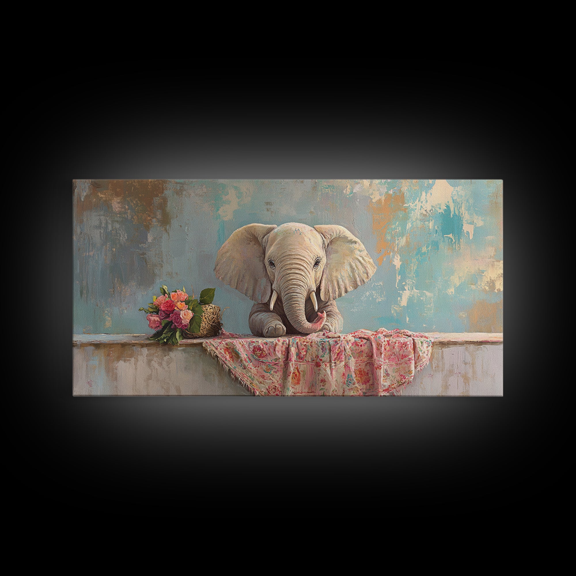Baby Elephant With Flowers Framed Canvas Print, Safari Nursery Wall Art, Animal Wall Decor, Whimsical Kids Room Decor, Baby Shower Gift