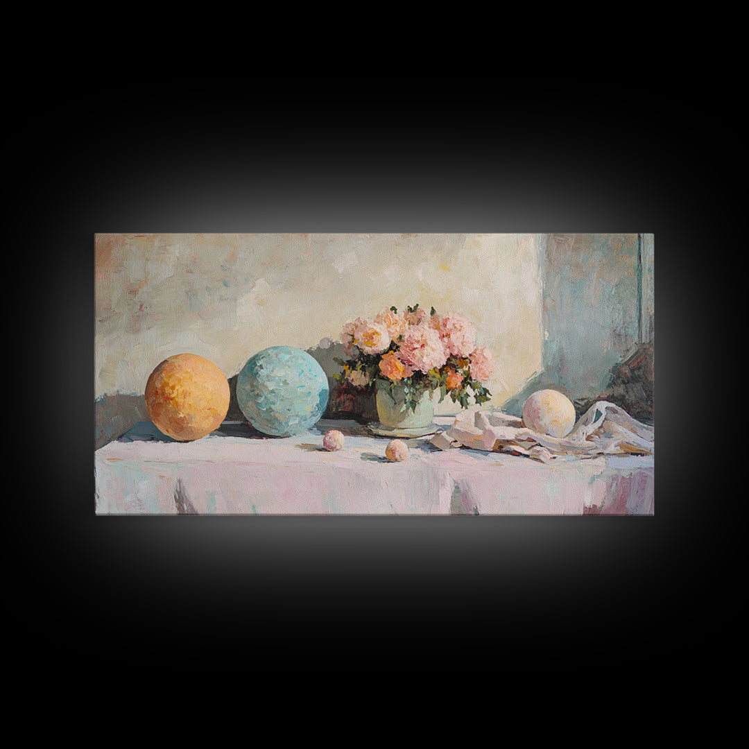 Pastel Orbs And Pink Flowers Canvas Print, Feminine Floral Wall Art, Dreamy Still Life Decor, Soft Bedroom Wall Decor For Her