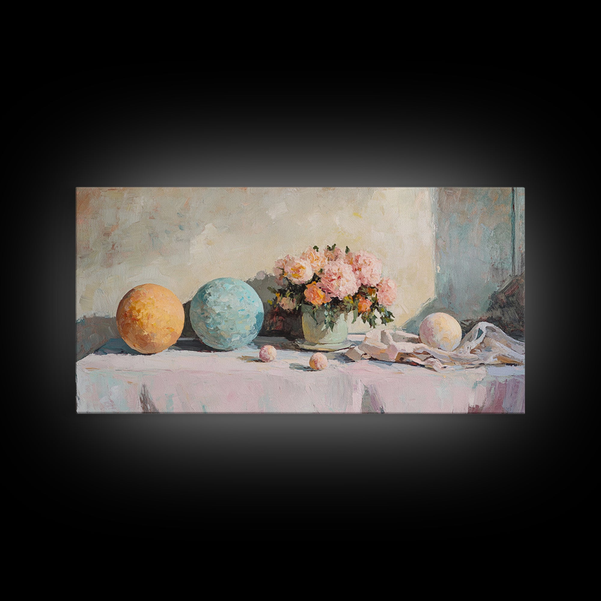 Pastel Orbs And Pink Flowers Canvas Print, Feminine Floral Wall Art, Dreamy Still Life Decor, Soft Bedroom Wall Decor For Her