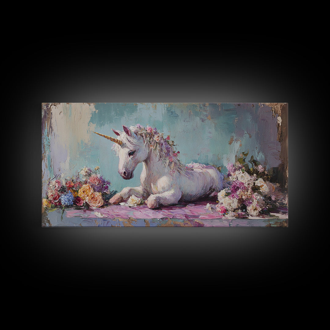 White Unicorn With Floral Garland Canvas Print, Fantasy Nursery Wall Art, Whimsical Girls Room Decor, Magical Gift For Her