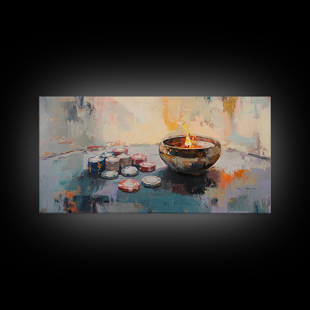 Glowing Candle Bowl And Poker Chips Canvas Print, Game Room Art, Bar Decor, Man Cave Decor, Moody Still Life, Gift For Him