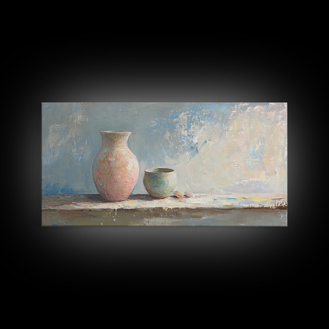 Pastel Ceramic Vase And Small Pot Wall Art, Minimalist Still Life, Neutral Home Decor, Modern Farmhouse Art, Living Room Decor