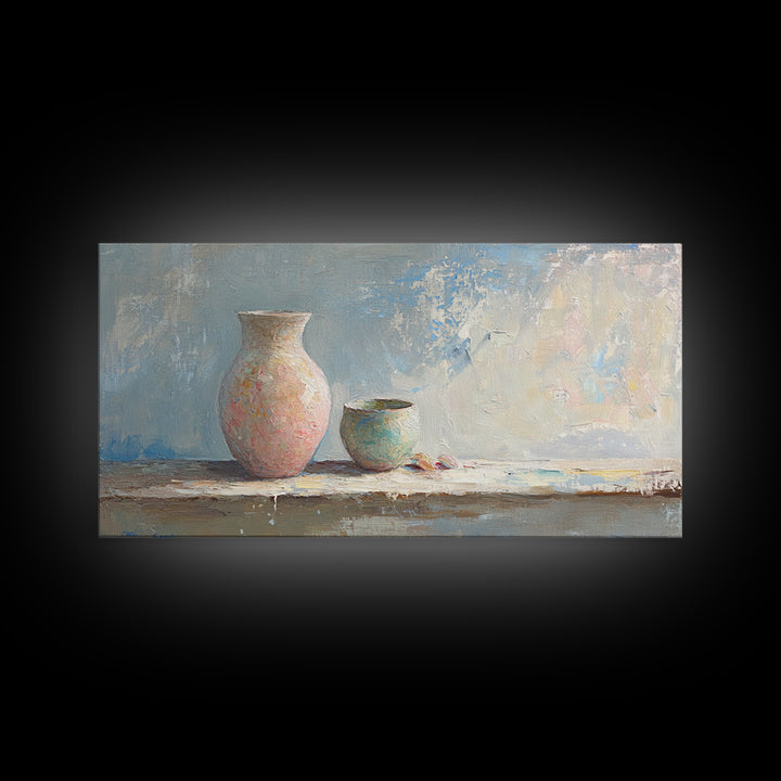 Pastel Ceramic Vase And Small Pot Wall Art, Minimalist Still Life, Neutral Home Decor, Modern Farmhouse Art, Living Room Decor