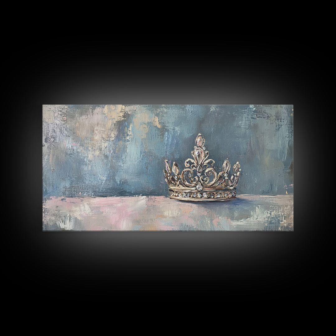 Silver Crown Still Life Wall Art, Princess Room Decor, Elegant Feminine Canvas Painting, Luxury Bedroom Gallery Wall Fine Art Print