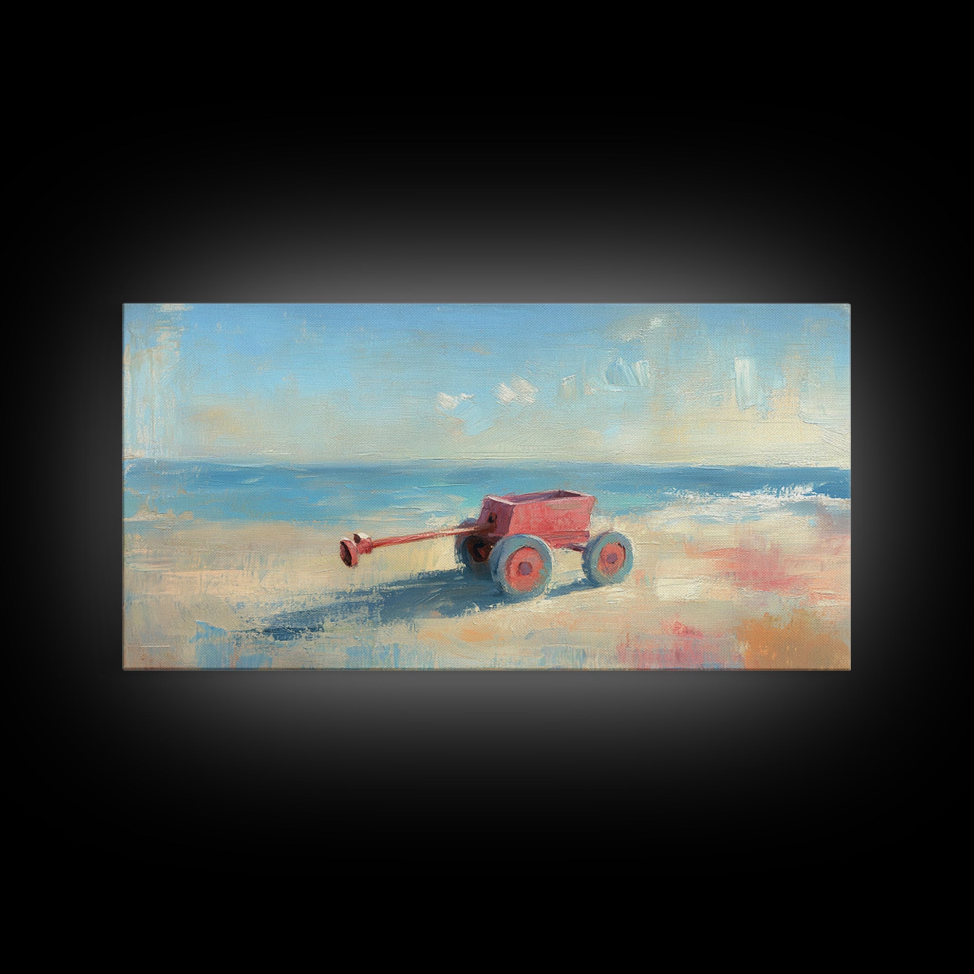 Red Toy Wagon On Sandy Beach Canvas Print, Coastal Nursery Wall Art, Whimsical Ocean Decor, Summer Kids Room Decor Print