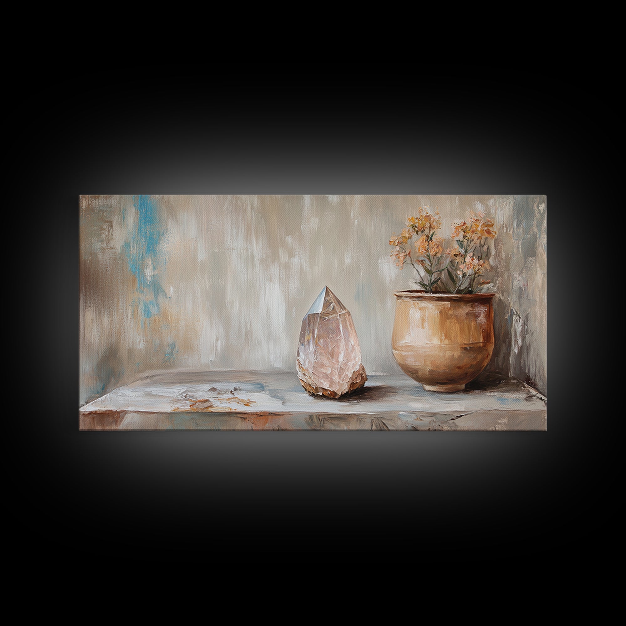 Rose Quartz Crystal And Potted Flowers Wall Art, Zen Still Life Painting, Earth Tone Boho Decor, Spiritual Canvas Print, Unique Gift
