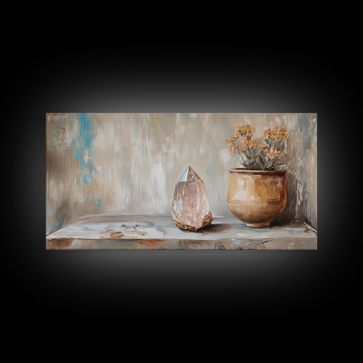 Rose Quartz Crystal And Potted Flowers Wall Art, Zen Still Life Painting, Earth Tone Boho Decor, Spiritual Canvas Print, Unique Gift