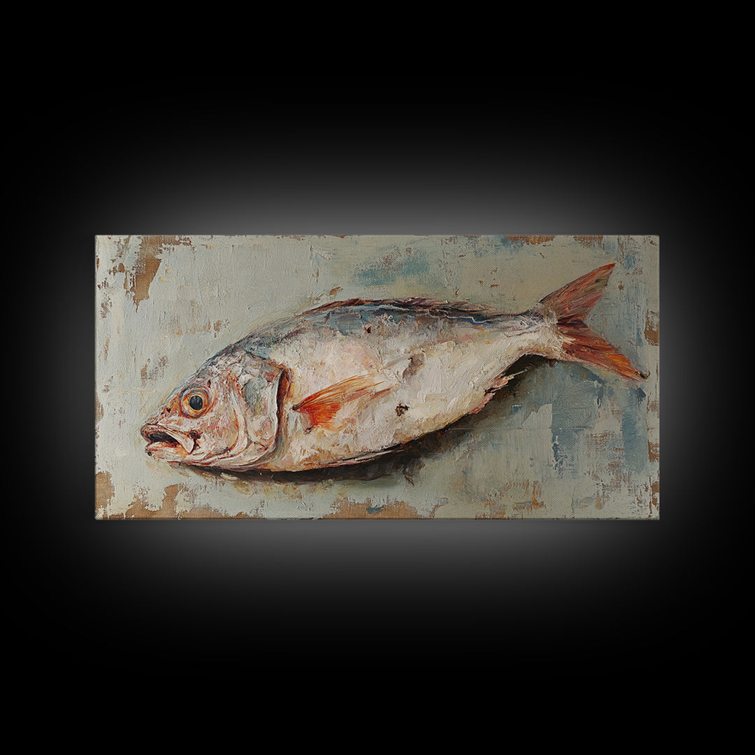 Rustic Whole Fish Oil Painting Wall Art, Coastal Kitchen Decor, Seafood Still Life, Nautical Dining Room Canvas Art Print