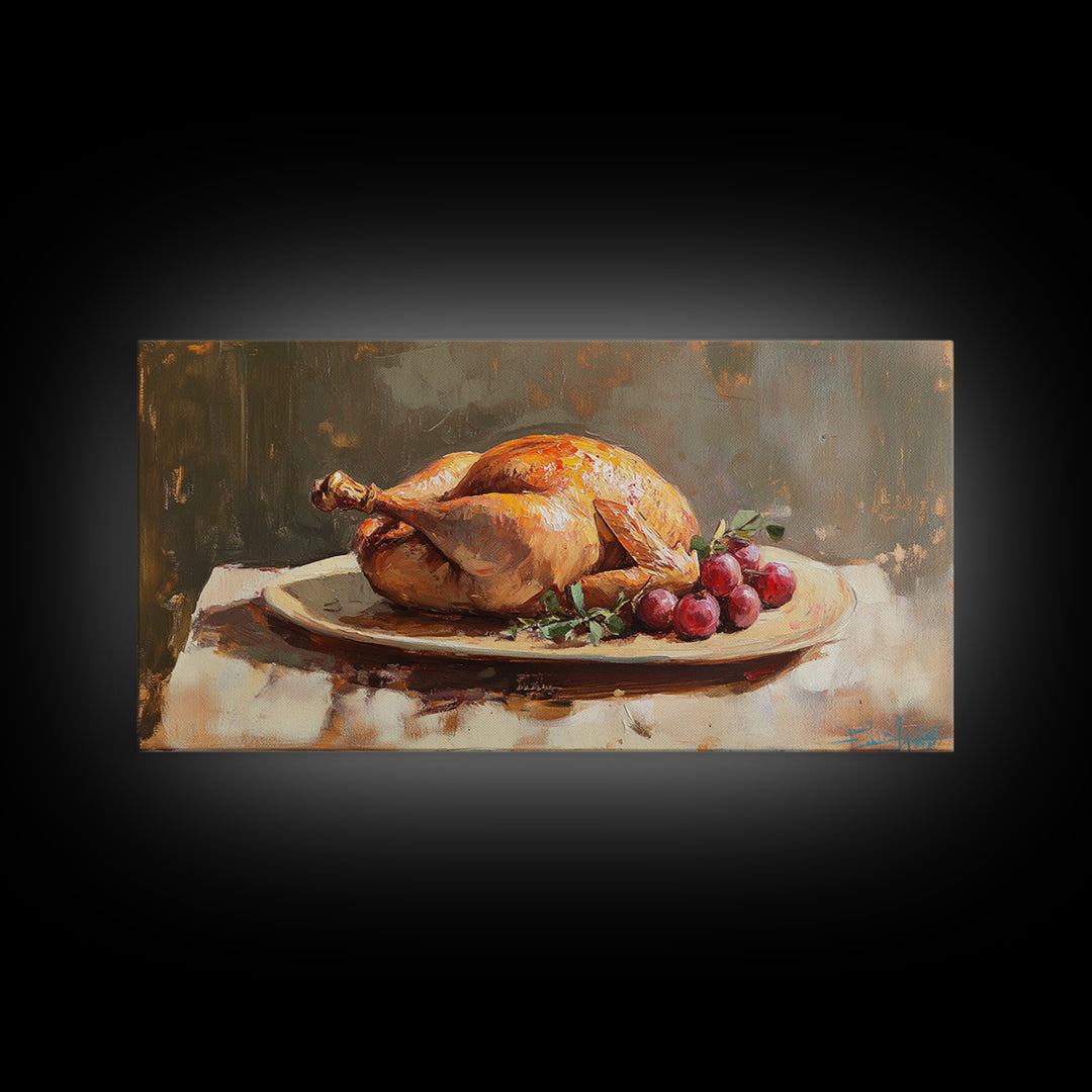Roast Chicken And Grapes Oil Painting Wall Art, Rustic Kitchen Decor, Foodie Gift, Farmhouse Dining Room Canvas Print For Chefs