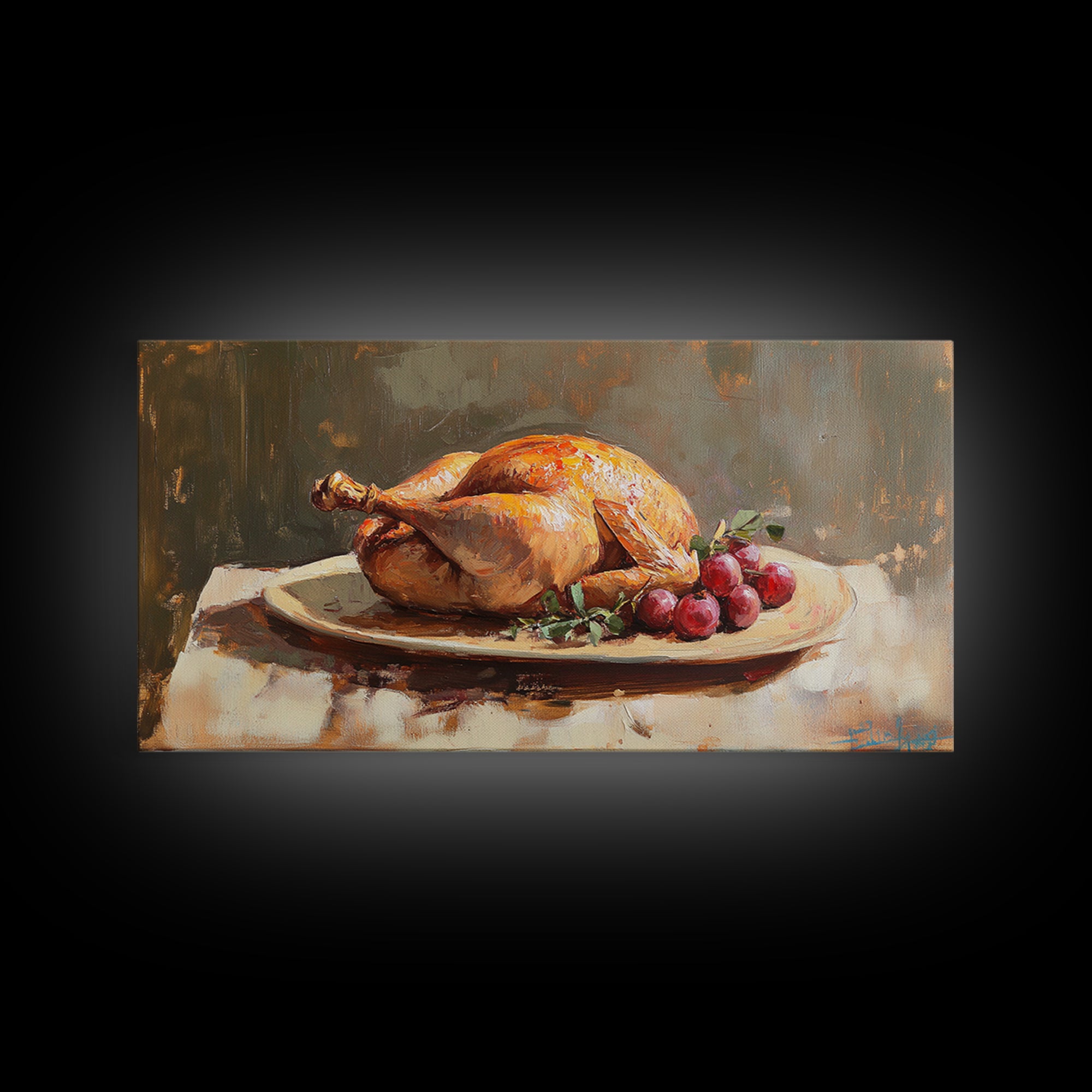 Roast Chicken And Grapes Oil Painting Wall Art, Rustic Kitchen Decor, Foodie Gift, Farmhouse Dining Room Canvas Print For Chefs