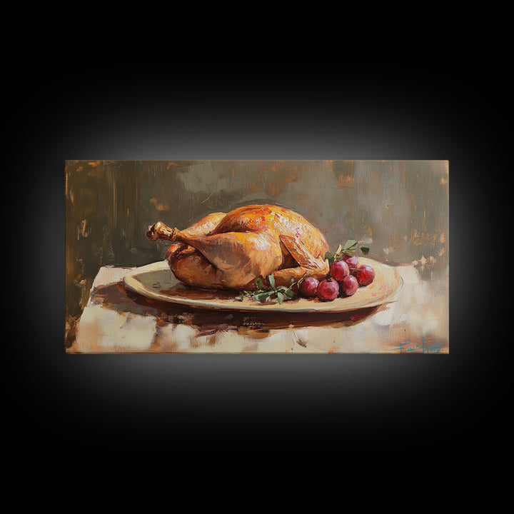 Roast Chicken And Grapes Oil Painting Wall Art, Rustic Kitchen Decor, Foodie Gift, Farmhouse Dining Room Canvas Print For Chefs