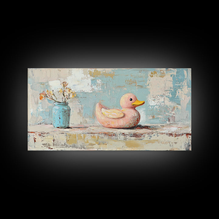 Whimsical Pink Duck With Flowers Canvas Print, Cute Bathroom Wall Art, Nursery Decor, Playroom Art, Gift For Her, Kids Room Decor