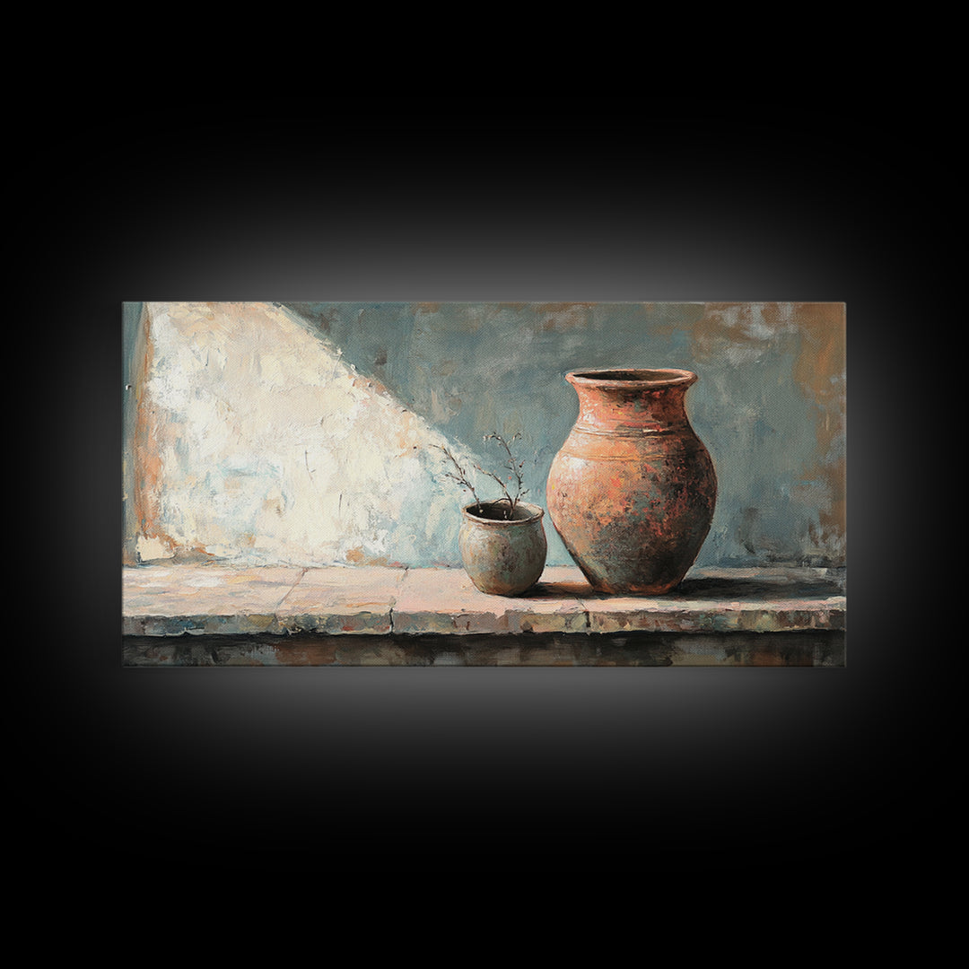 Rustic Terracotta Vase Still Life Wall Art, Earth Tone Kitchen Decor, Farmhouse Canvas Print, Warm Neutral Living Room Art