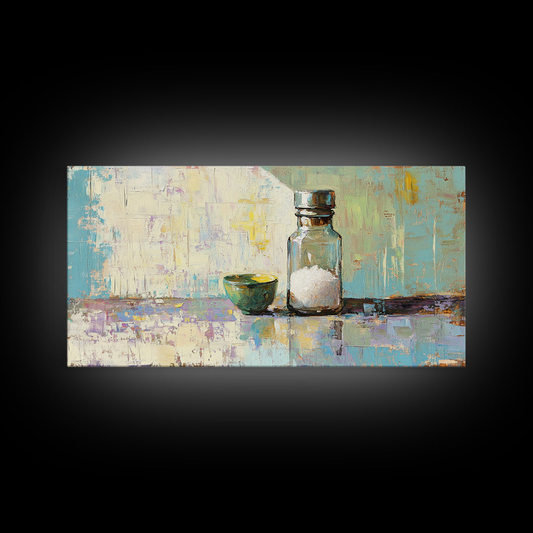 Sunlit Salt Bottle And Green Bowl Canvas Print, Minimalist Kitchen Wall Art, Coastal Neutral Decor, Modern Home Decor Gift