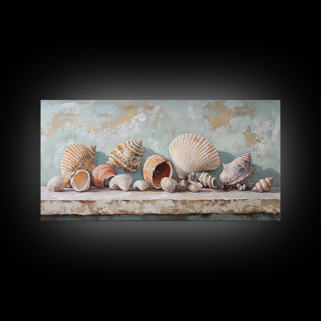Neutral Seashell Still Life Framed Canvas Print, Coastal Wall Art, Beach House Decor, Ocean Wall Decor, Large Art Print Gift
