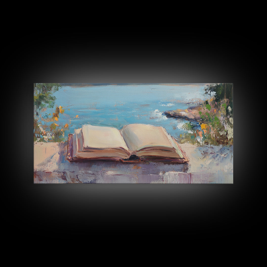 Open Book By The Lake Wall Art, Reading Nook Decor, Literary Art Print, Coastal Landscape Canvas, Book Lover Gift, Home Decor