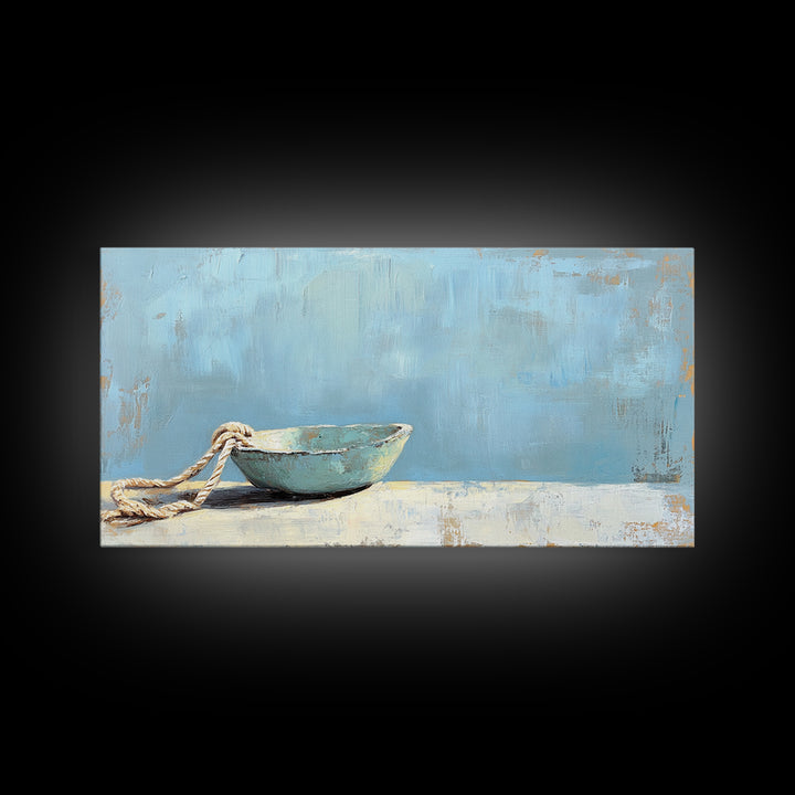 Weathered Blue Bowl With Rope Nautical Wall Art, Coastal Home Decor, Beach House Canvas Print, Minimalist Ocean Wall Decor