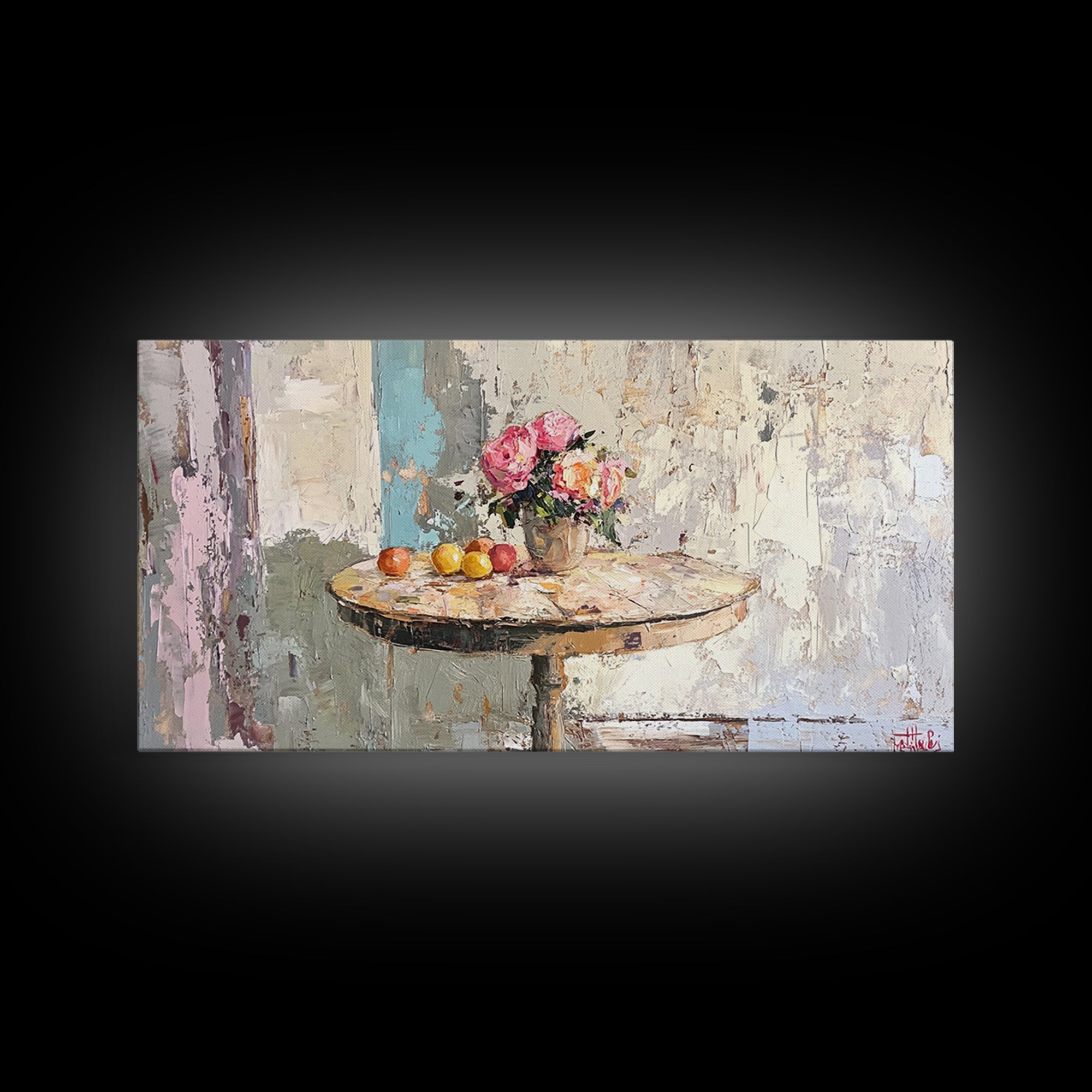 Round Cafe Table With Roses And Fruit Wall Art, French Country Kitchen Decor, Floral Still Life Canvas Print, Housewarming Gift