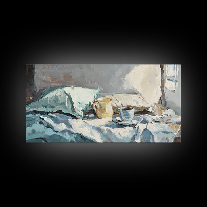 Morning Coffee In Bed With Blue Linens Wall Art, Cozy Bedroom Canvas Print, Guest Room Decor, Above Bed Art Gift For Her