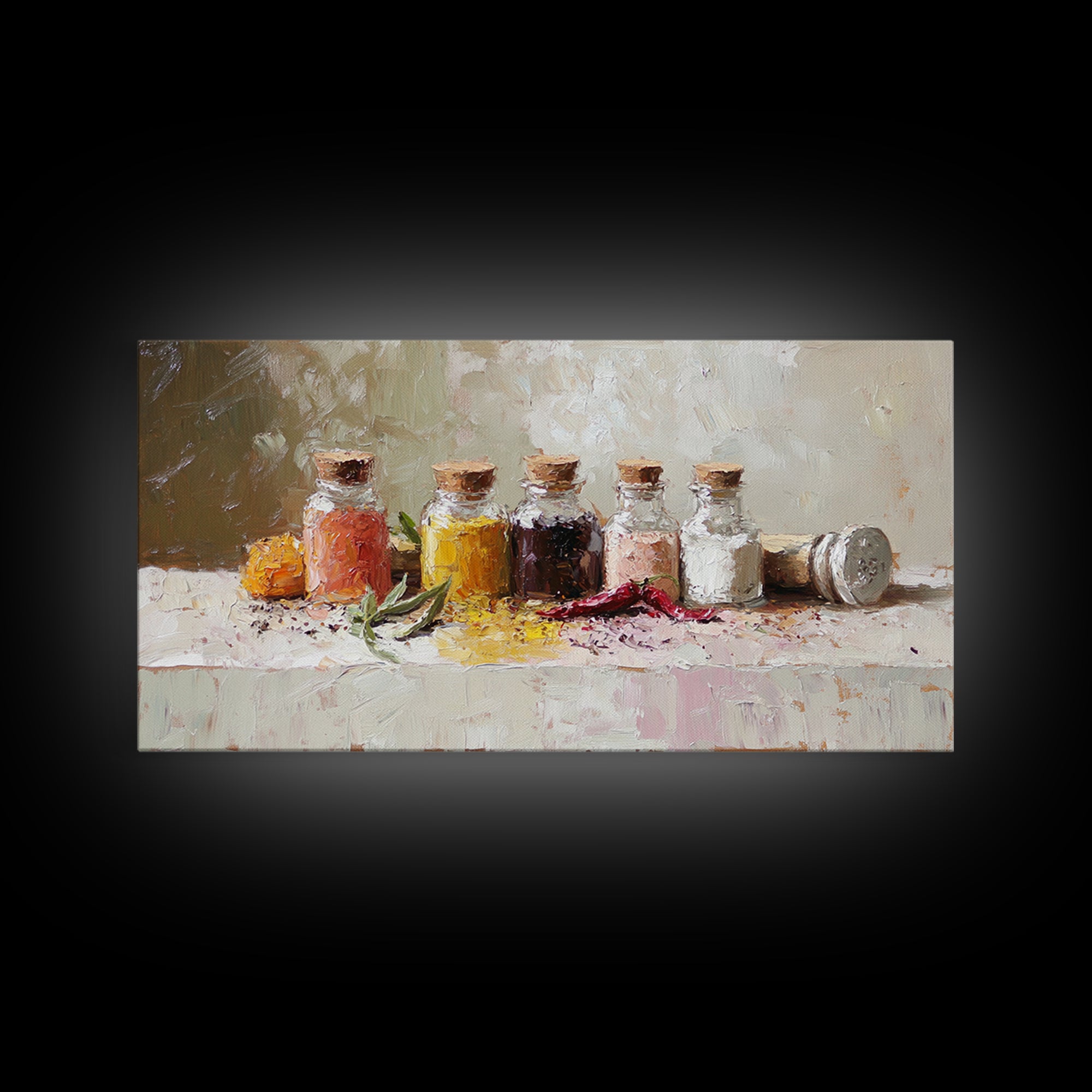 Kitchen Spice Bottles With Chili And Herbs Wall Art, Rustic Canvas Print, Foodie Kitchen Decor, Dining Room Art Gift For Chef