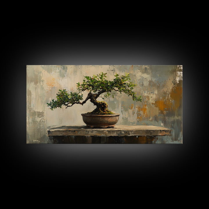 Textured Bonsai Tree In Rustic Pot Framed Canvas Print, Japandi Zen Home Decor, Nature Wall Art, Office Decor Housewarming Gift