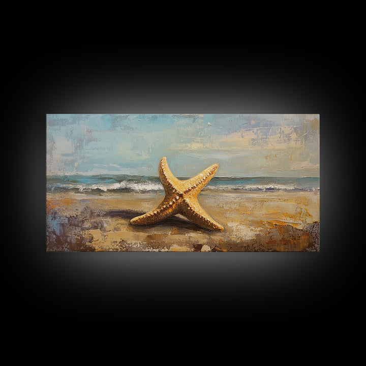 Golden Starfish On Sandy Beach Canvas Print, Coastal Wall Art, Ocean Wall Decor, Beach House Decor, Summer Home Decor Gift