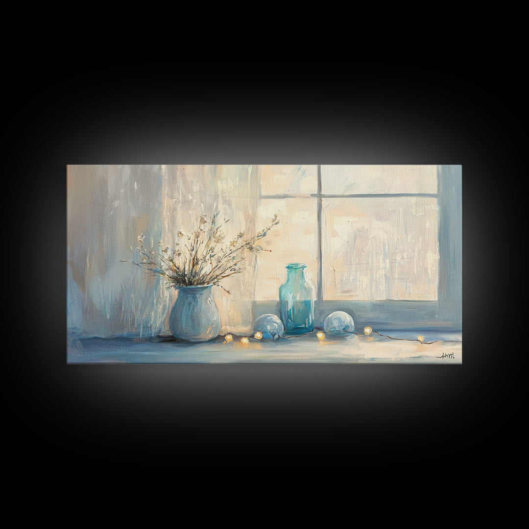 Soft Blue Window Still Life With Vase Canvas Print, Calming Wall Art, Cozy Bedroom Decor, Neutral Home Decor Gift For Her