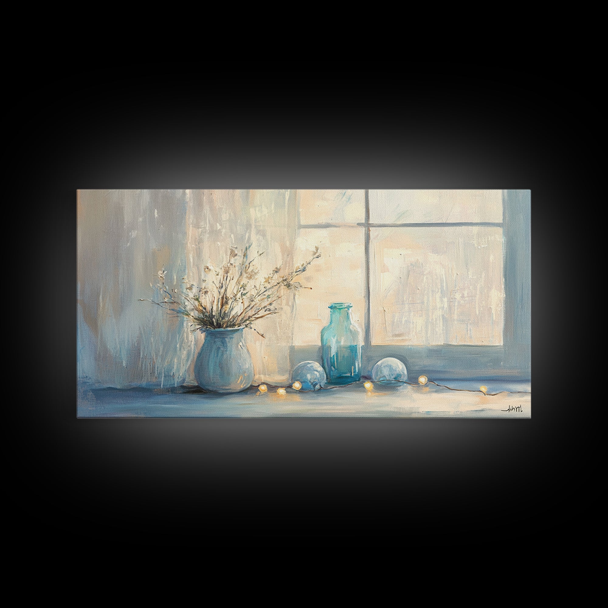 Soft Blue Window Still Life With Vase Canvas Print, Calming Wall Art, Cozy Bedroom Decor, Neutral Home Decor Gift For Her