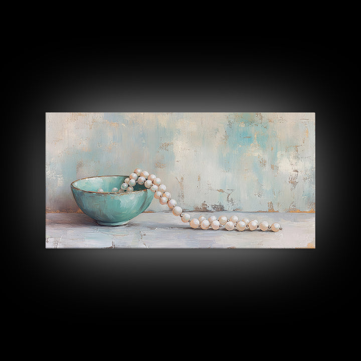 Turquoise Bowl With Pearl Strand Wall Art, Feminine Still Life Art Print, Coastal Bathroom Decor, Elegant Home Decor Gift