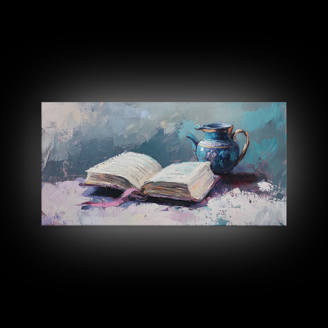 Open Book And Blue Pitcher Wall Art, Cozy Library Home Decor, Reading Nook Art Print, Book Lover Framed Canvas Print Gift