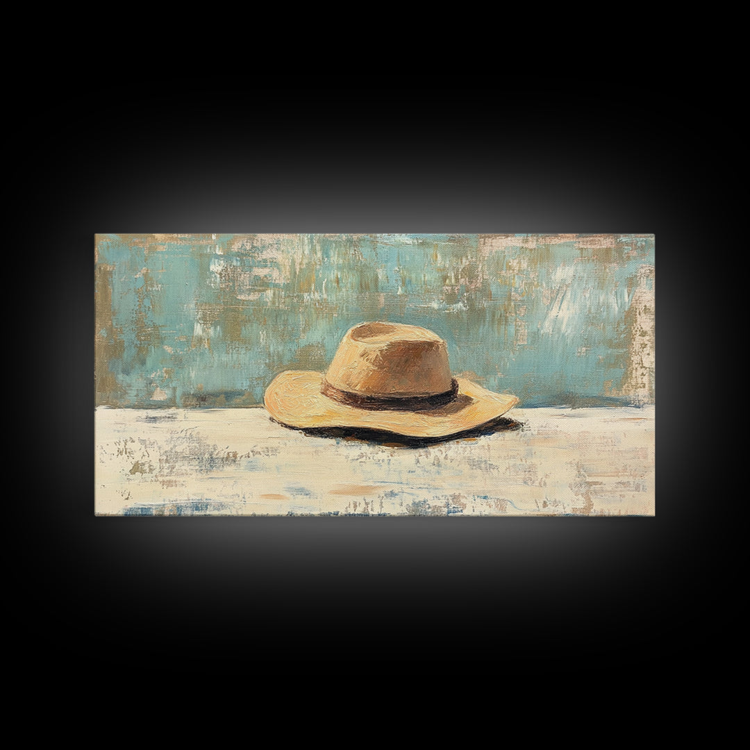 Rustic Straw Cowboy Hat Wall Art, Western Home Decor, Farmhouse Country Art Print, Masculine Framed Canvas Print Gift For Him