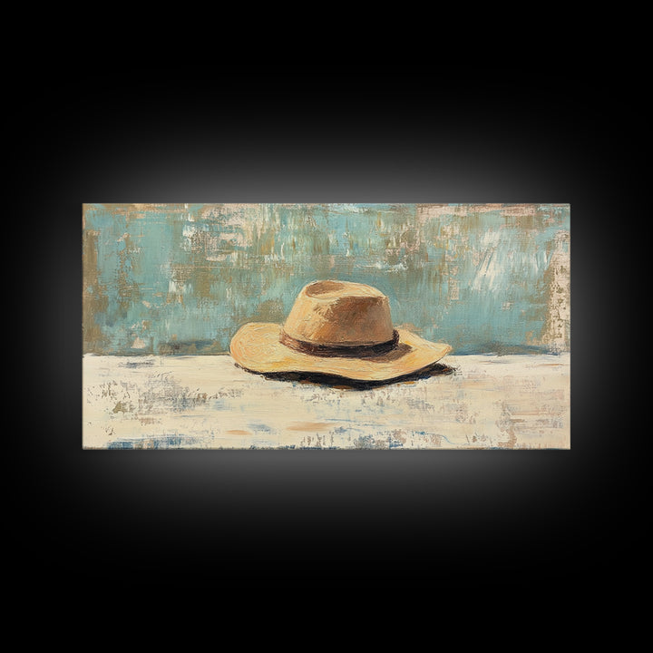 Rustic Straw Cowboy Hat Wall Art, Western Home Decor, Farmhouse Country Art Print, Masculine Framed Canvas Print Gift For Him