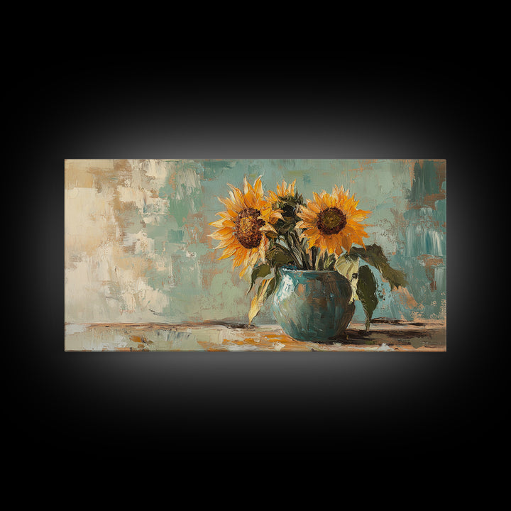 Sunflowers In Turquoise Pitcher Wall Art, Rustic Floral Decor, Country Kitchen Art Print, Farmhouse Framed Canvas Print Gift