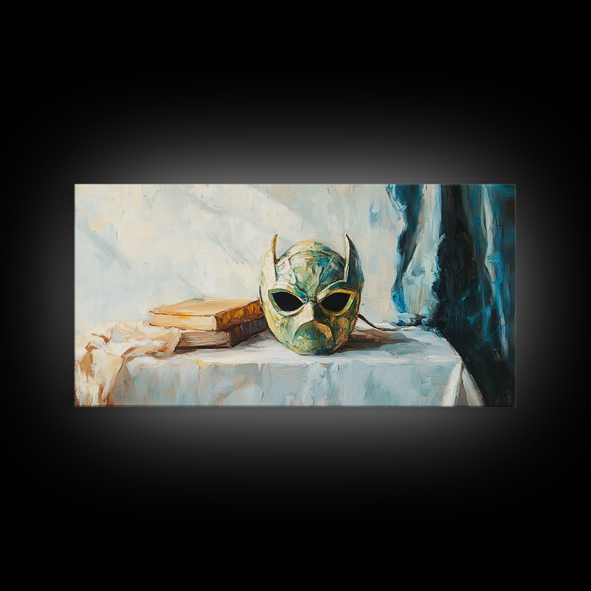 Green Masquerade Mask And Books Wall Art, Gothic Library Decor, Fantasy Dark Academia Art Print, Framed Canvas Print Gift