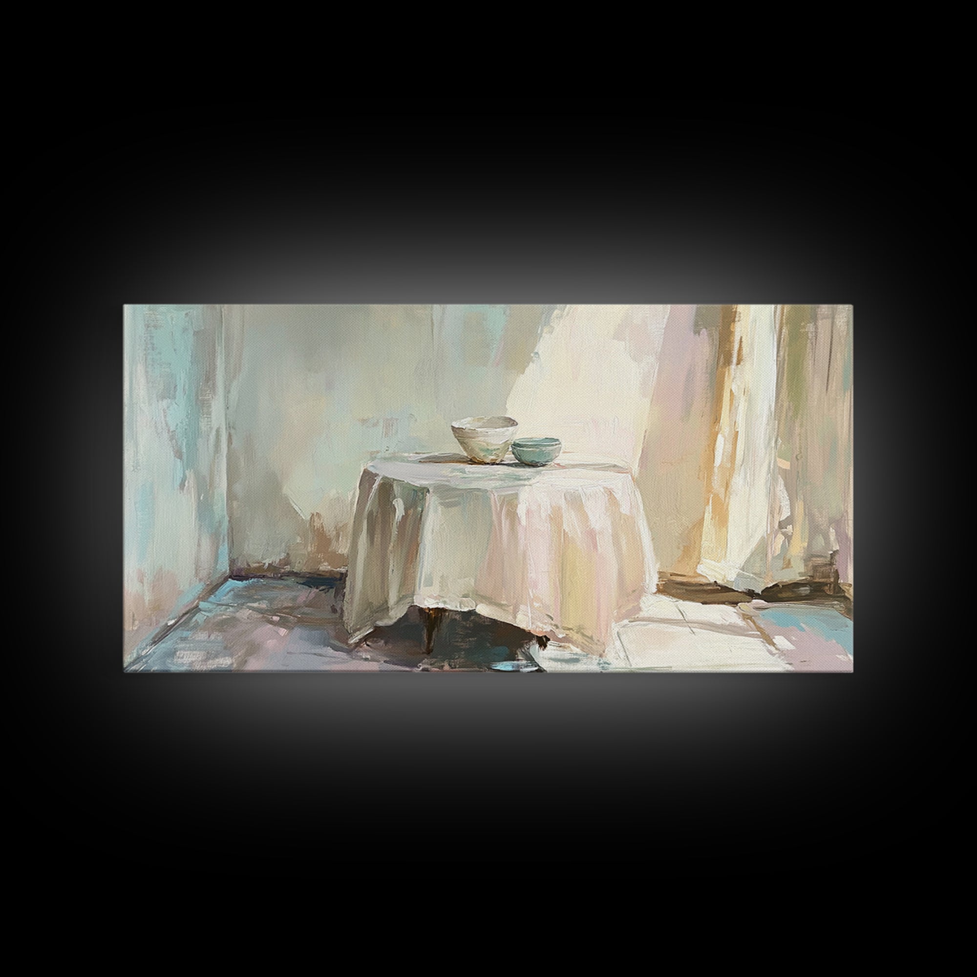 Sunlit Table With Teacups Wall Art, Minimalist Neutral Decor, Cozy Dining Room Art Print, Japandi Framed Canvas Print Gift