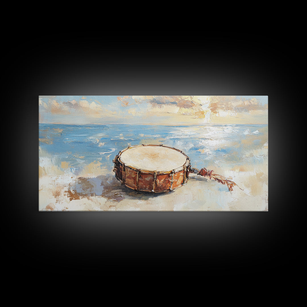 Weathered Beach Drum At Sunrise, Coastal Seascape Framed Canvas Print, Ocean Wall Art, Nautical Decor, Beach House Decor Gift
