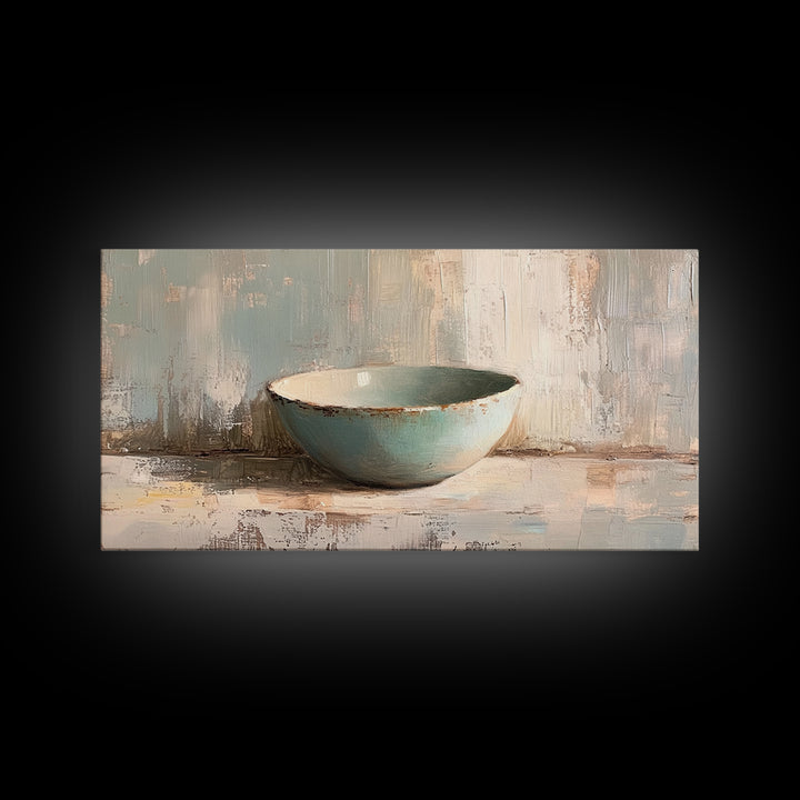 Turquoise Ceramic Bowl Still Life, Minimalist Framed Canvas Print, Neutral Wall Art, Wabi Sabi Decor, Modern Kitchen Art