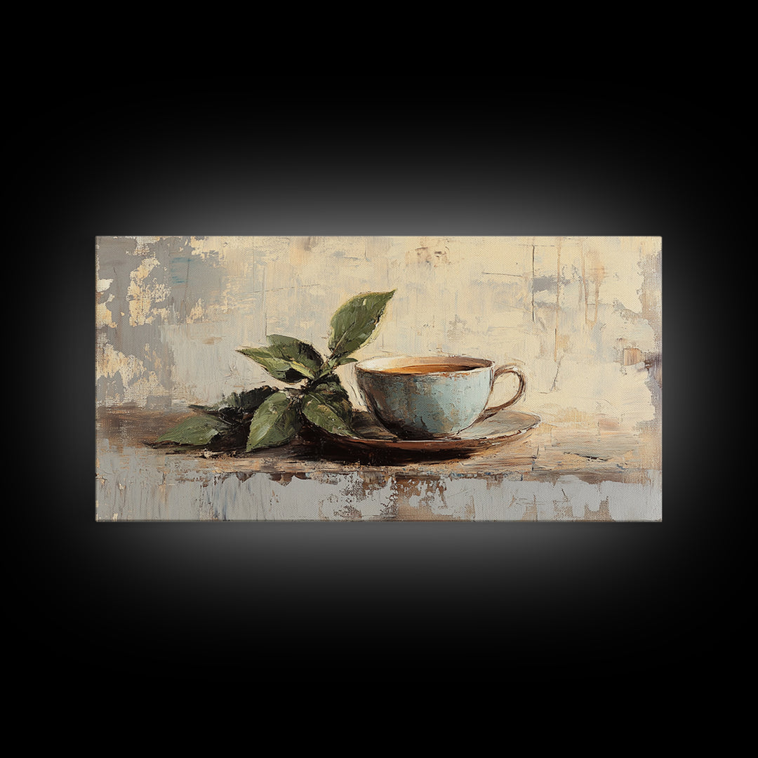 Leafy Coffee Cup Still Life, Rustic Kitchen Canvas Print, Botanical Wall Art, Coffee Bar Decor, Neutral Home Decor Housewarming Gift