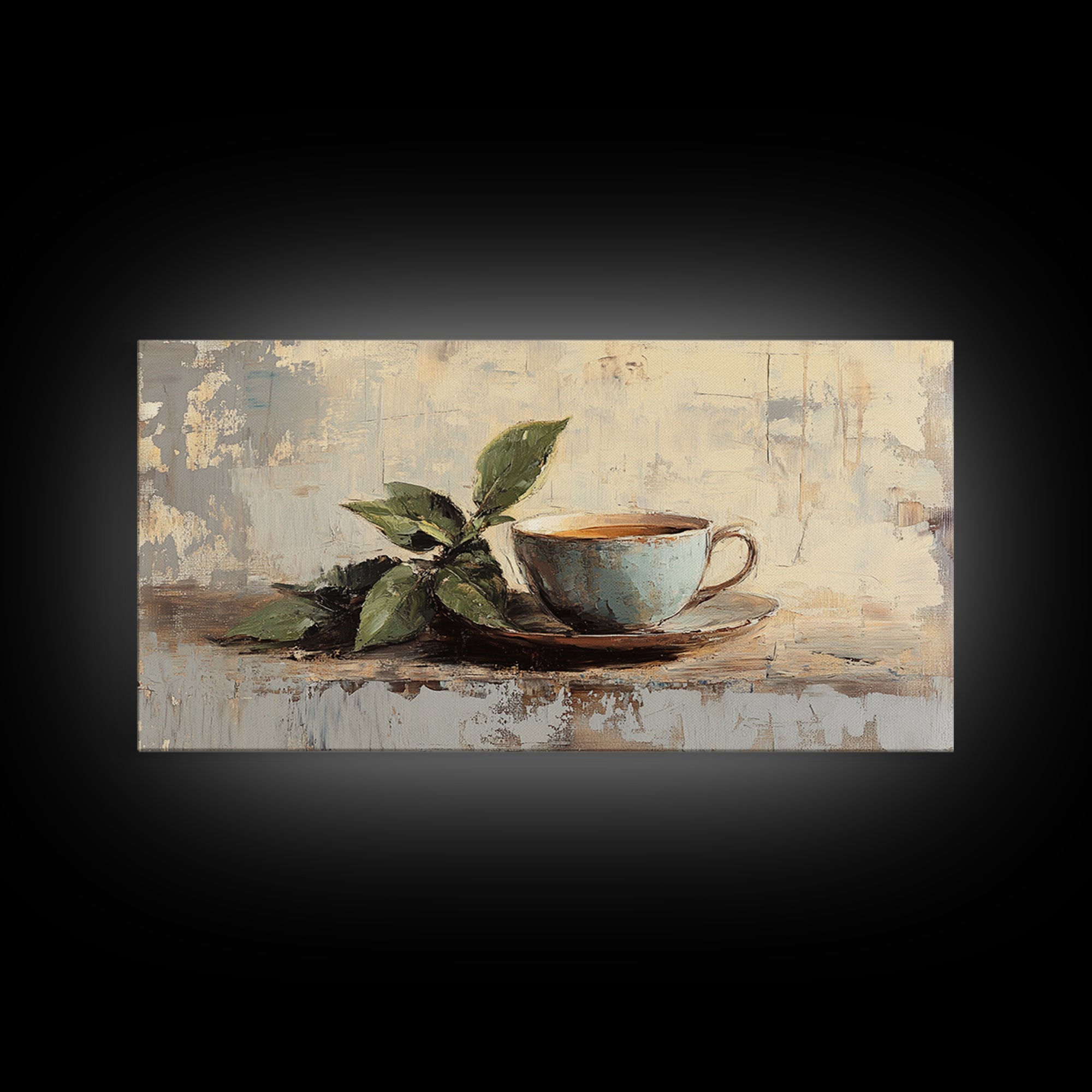 Leafy Coffee Cup Still Life, Rustic Kitchen Canvas Print, Botanical Wall Art, Coffee Bar Decor, Neutral Home Decor Housewarming Gift