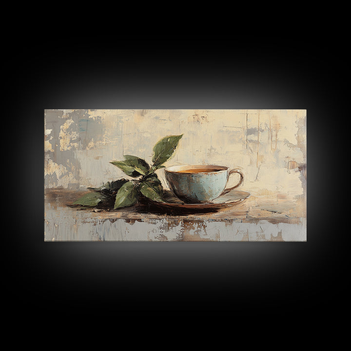 Leafy Coffee Cup Still Life, Rustic Kitchen Canvas Print, Botanical Wall Art, Coffee Bar Decor, Neutral Home Decor Housewarming Gift
