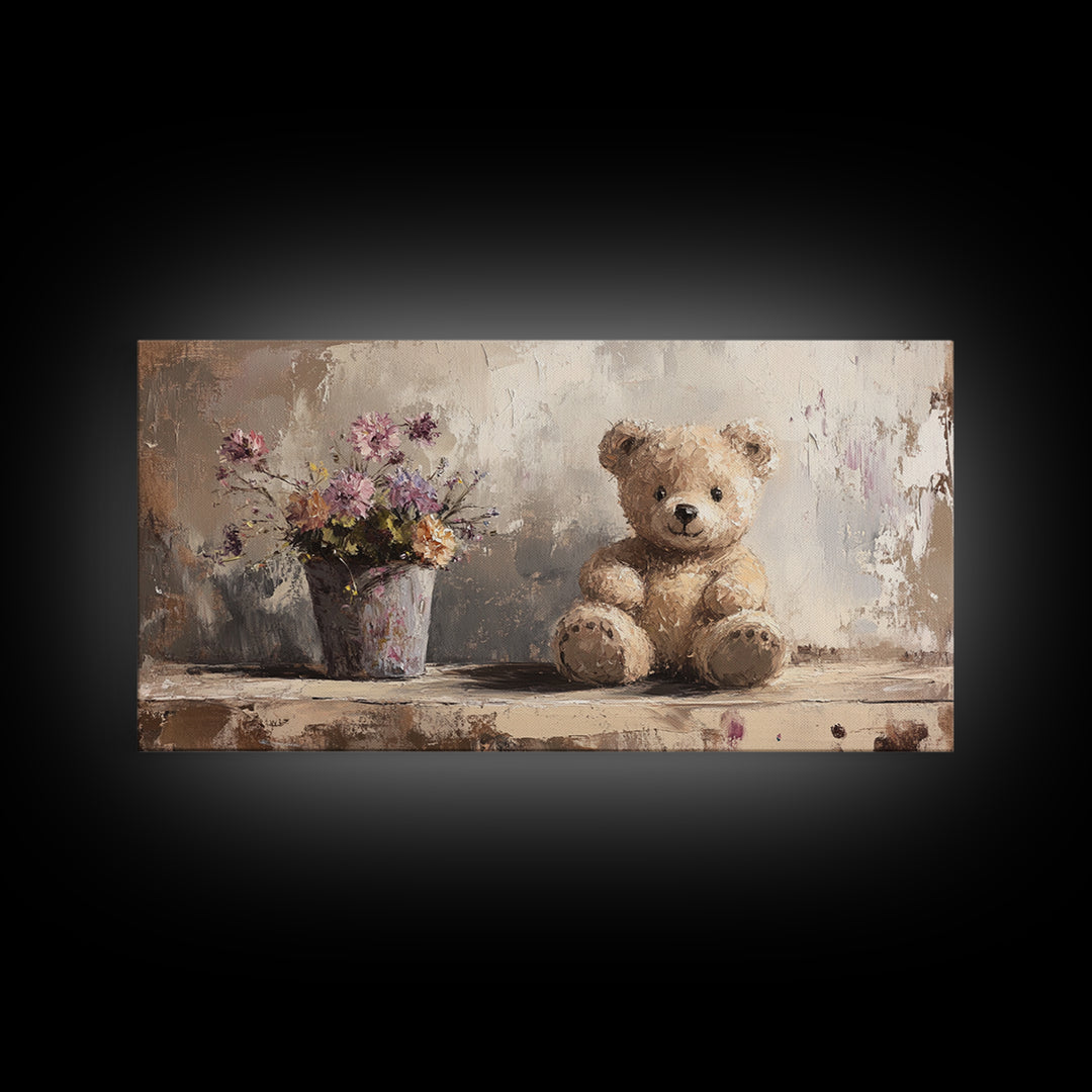 Teddy Bear With Wildflowers, Sweet Nursery Framed Canvas Print, Whimsical Wall Art, Kids Room Decor, Cute Baby Shower Gift