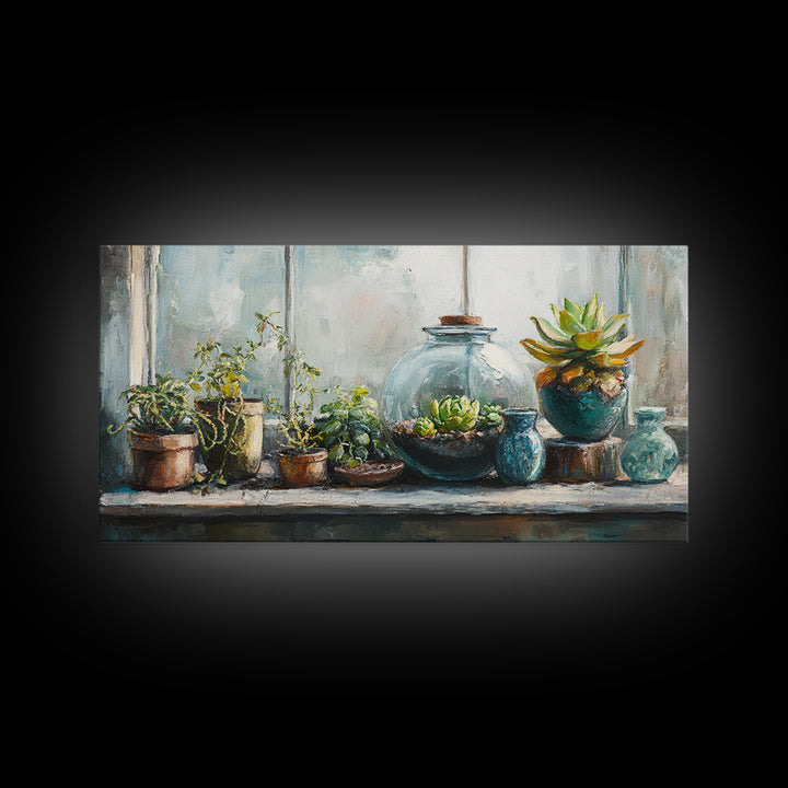 Sunlit Succulent And Potted Plant Wall Art, Botanical Canvas Print, Boho Plant Decor, Nature Inspired Home Decor, Living Room Decor