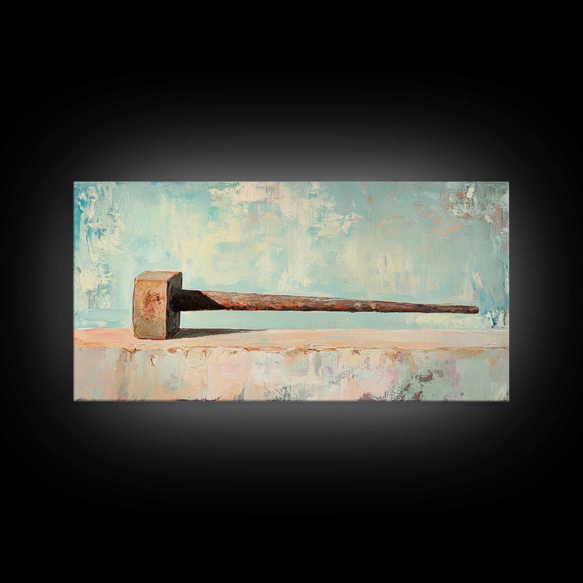 Rusty Hammer On Pale Blue Shelf Wall Art, Industrial Tool Canvas Print, Garage Decor, Workshop Office Decor, Gift For Him