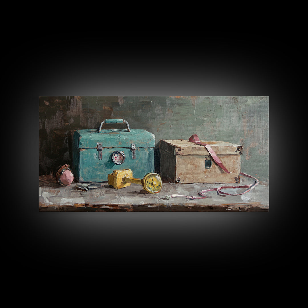 Turquoise Toolbox And Cardboard Box Wall Art, Industrial Still Life Canvas Print, Garage Decor, Workshop Office Decor, Gift For Him