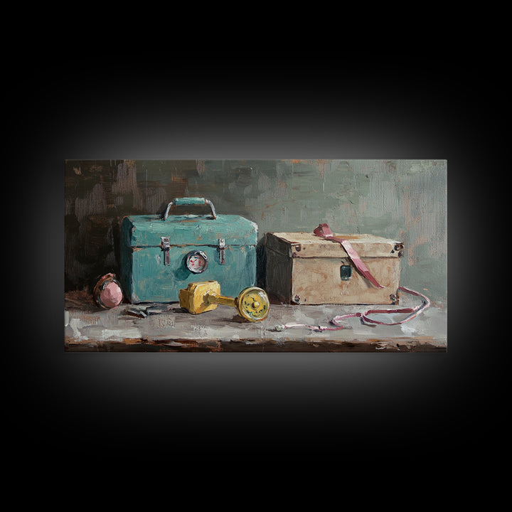 Turquoise Toolbox And Cardboard Box Wall Art, Industrial Still Life Canvas Print, Garage Decor, Workshop Office Decor, Gift For Him