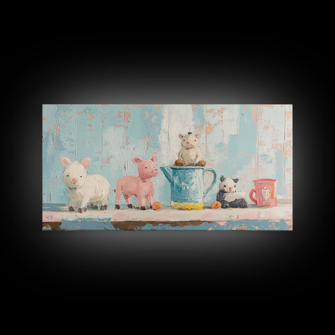Sweet Farm Animal Toys On Shelf Wall Art, Whimsical Nursery Canvas Print, Kids Room Decor, Baby Animal Art, Gift, Playroom Decor