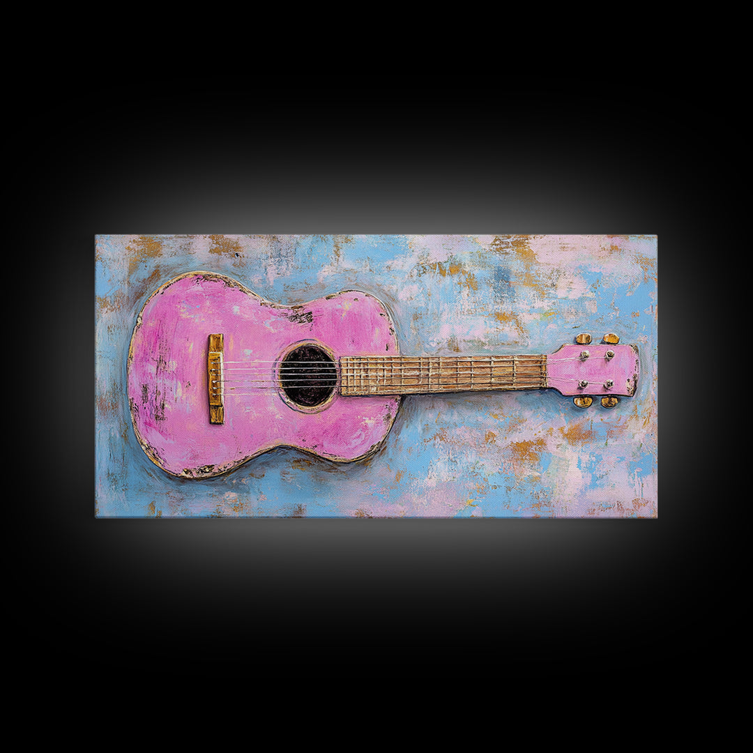Pink Acoustic Guitar Painting Canvas Print, Music Studio Wall Art, Retro Music Room Decor, Gift For Guitar Lover And Home Decor