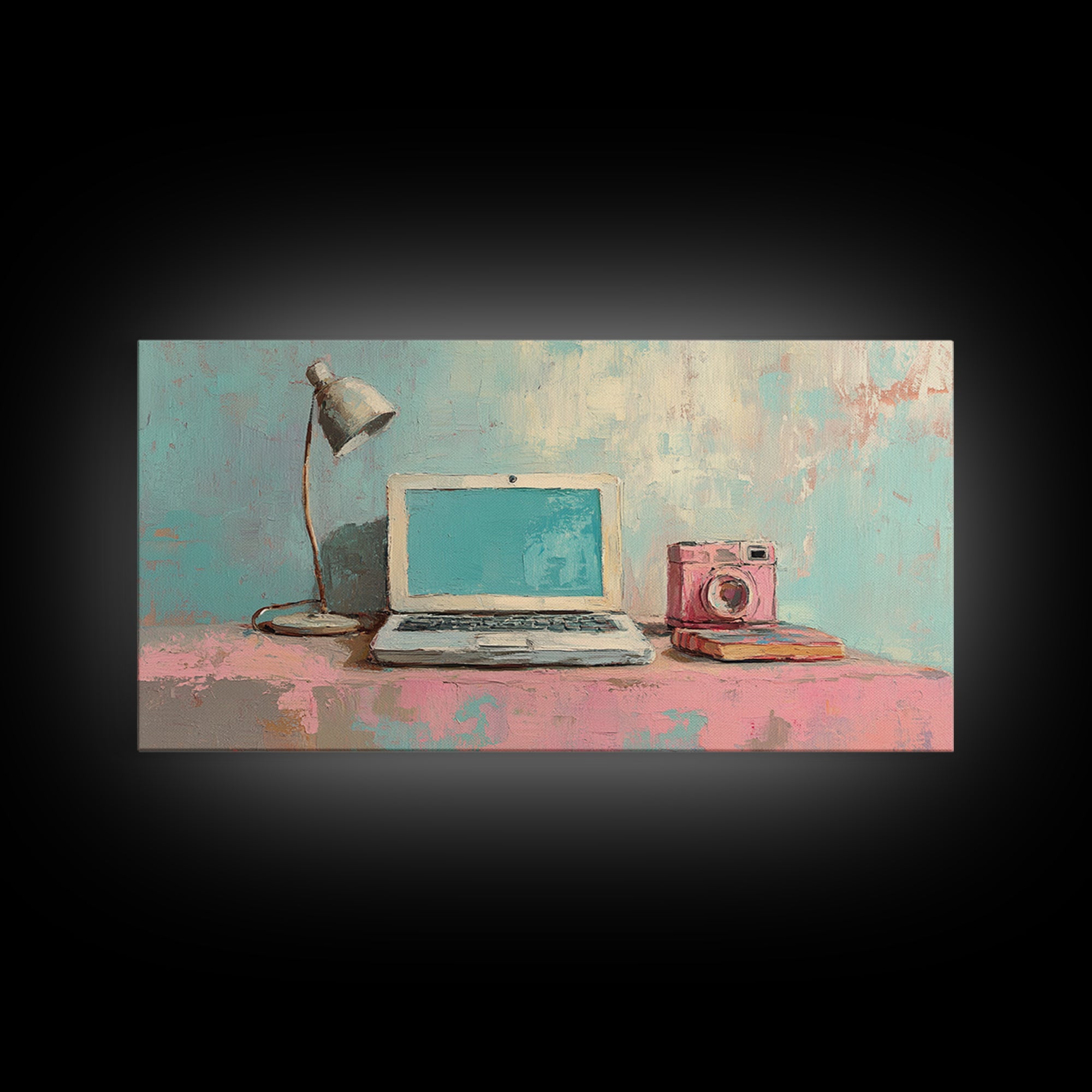 Pastel Laptop Lamp And Camera Desk Wall Art, Home Office Decor, Tech Lover Art Print, Modern Study Room Canvas Print For Apartment Decor